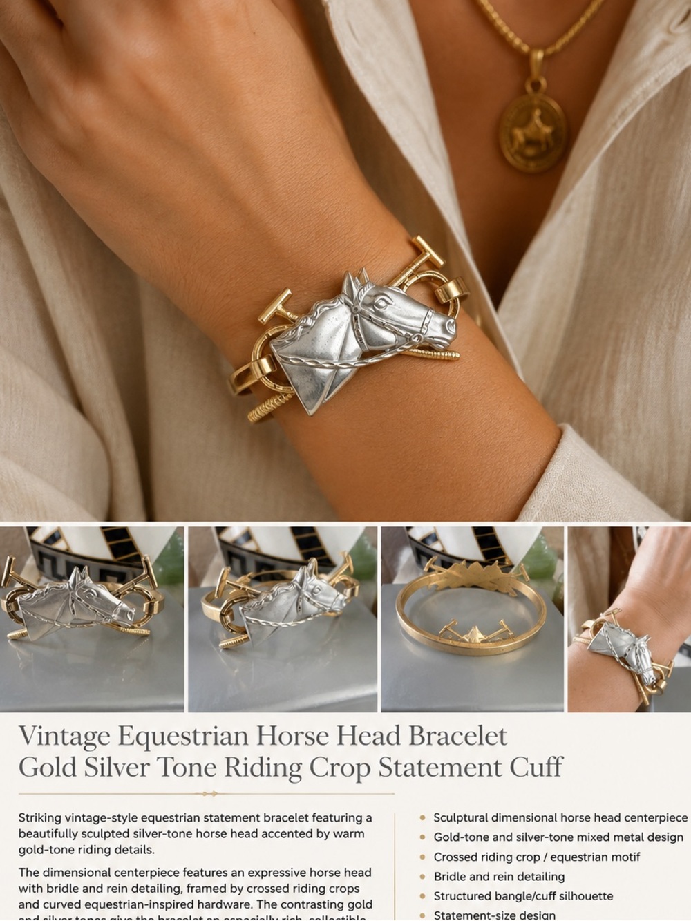 Vintage Equestrian Horse Head Bracelet Gold Silver Tone Riding Statement Cuff